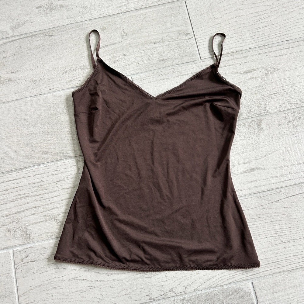 Vintage 90s/2000s Express Brown Satin Cami Size Small Lace Trim Stretchy